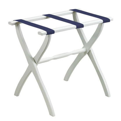 White Folding Luggage Rack With Navy Blue Straps HomeRoots