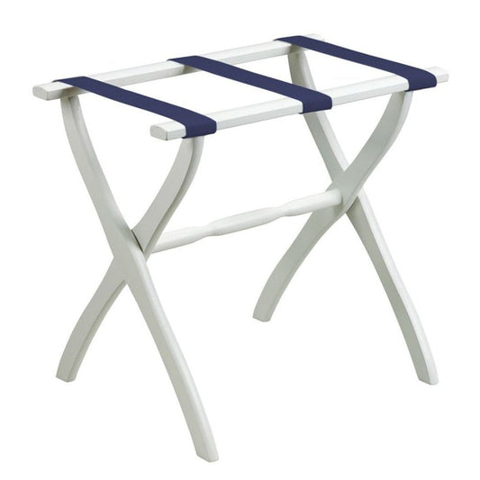 White Folding Luggage Rack With Navy Blue Straps HomeRoots