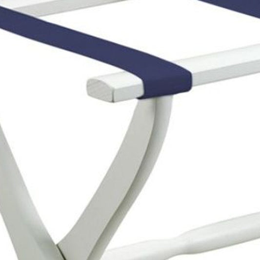 White Folding Luggage Rack With Navy Blue Straps HomeRoots