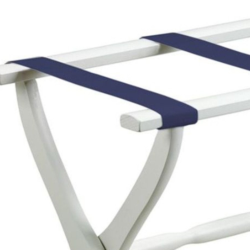 White Folding Luggage Rack With Navy Blue Straps HomeRoots