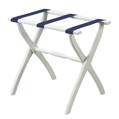 White Folding Luggage Rack With Navy Blue Straps HomeRoots