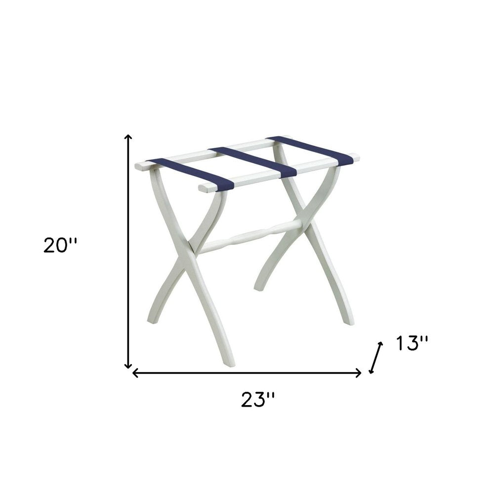 White Folding Luggage Rack With Navy Blue Straps HomeRoots