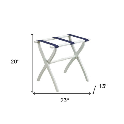 White Folding Luggage Rack With Navy Blue Straps HomeRoots