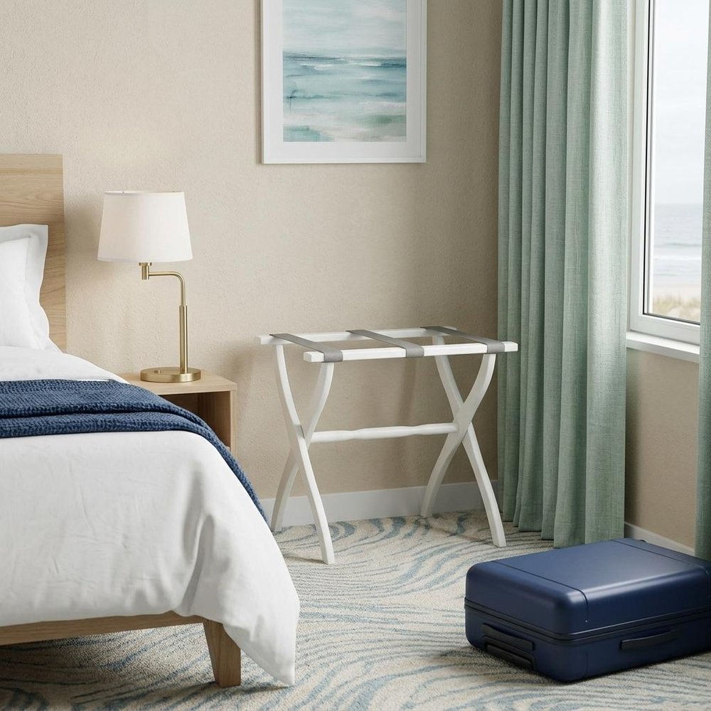 White Folding Luggage Rack With Gray Straps HomeRoots