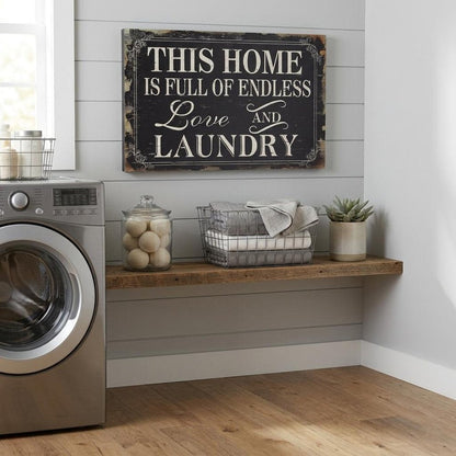 16" X 24" Black and White Endless Love And Laundry Wood Wall Decor