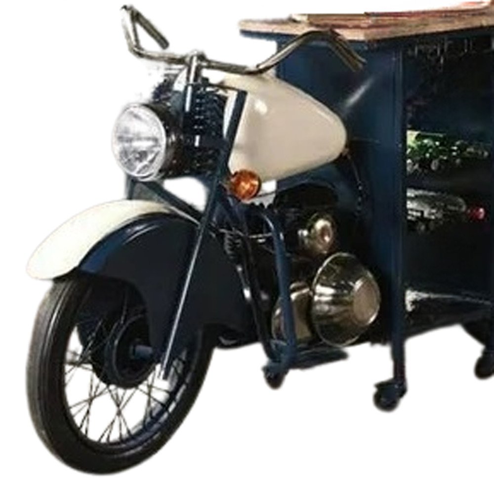 Blue and White Metal And Solid Wood Rolling Bar Cart With Wine Storage HomeRoots