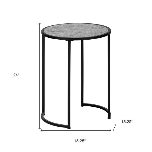 24" Gray And Black Faux Stone And Iron Round Sled End Table