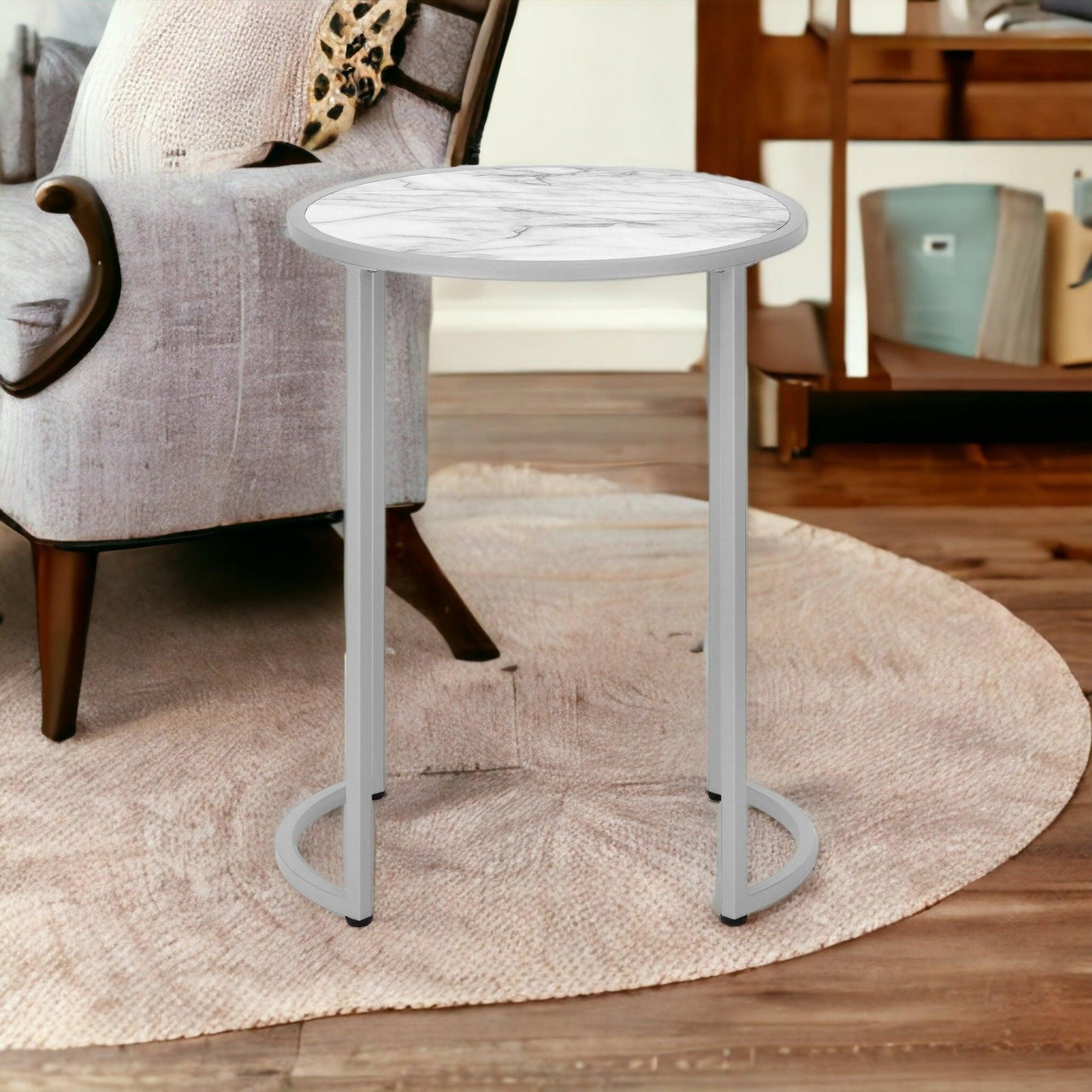 24" Silver And White Round End Table - FurniFindUSA