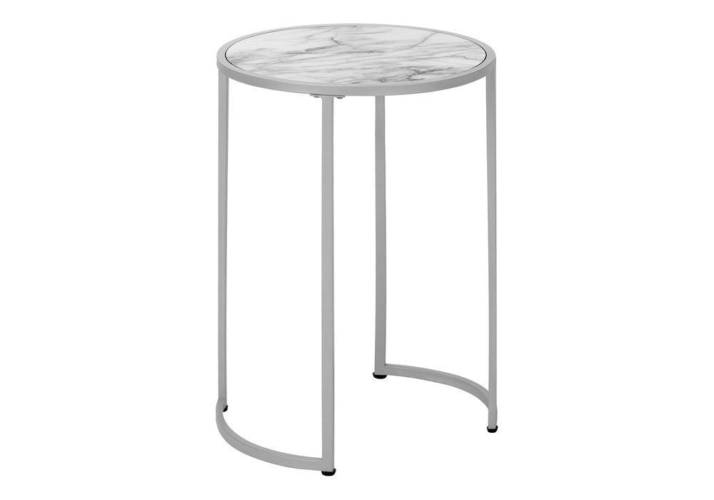 24" Dark Gray White And Silver Faux Marble And Iron Round End Table