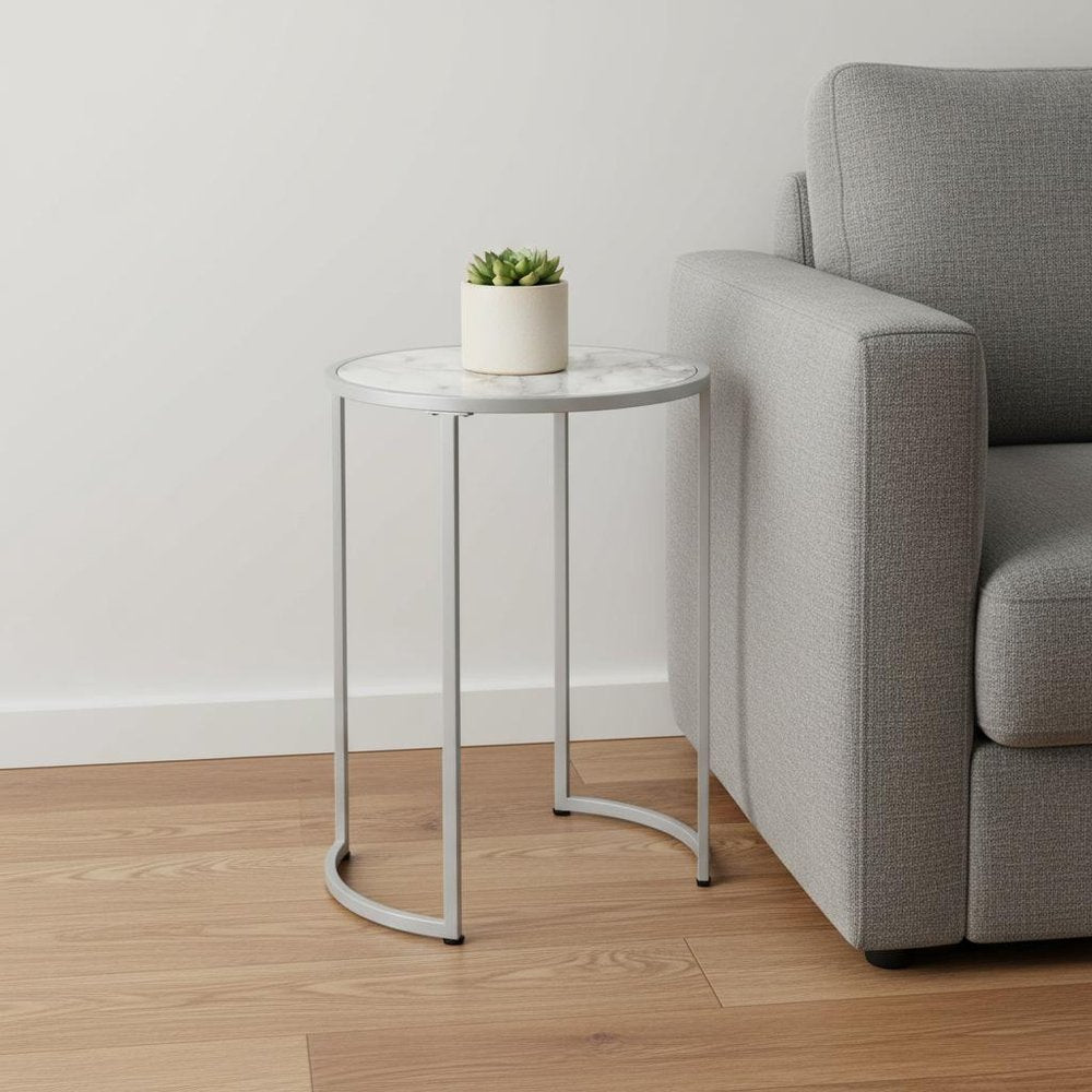 24" Dark Gray White And Silver Faux Marble And Iron Round End Table