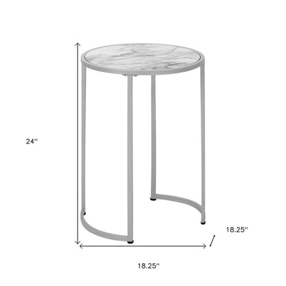 24" Dark Gray White And Silver Faux Marble And Iron Round End Table