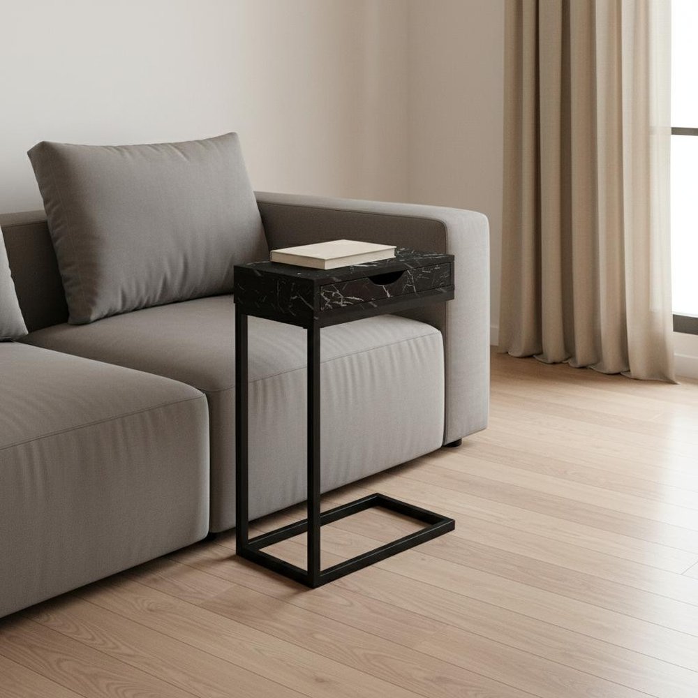25" Brown and Black Faux Wood and Iron End Table With Drawer — view 9