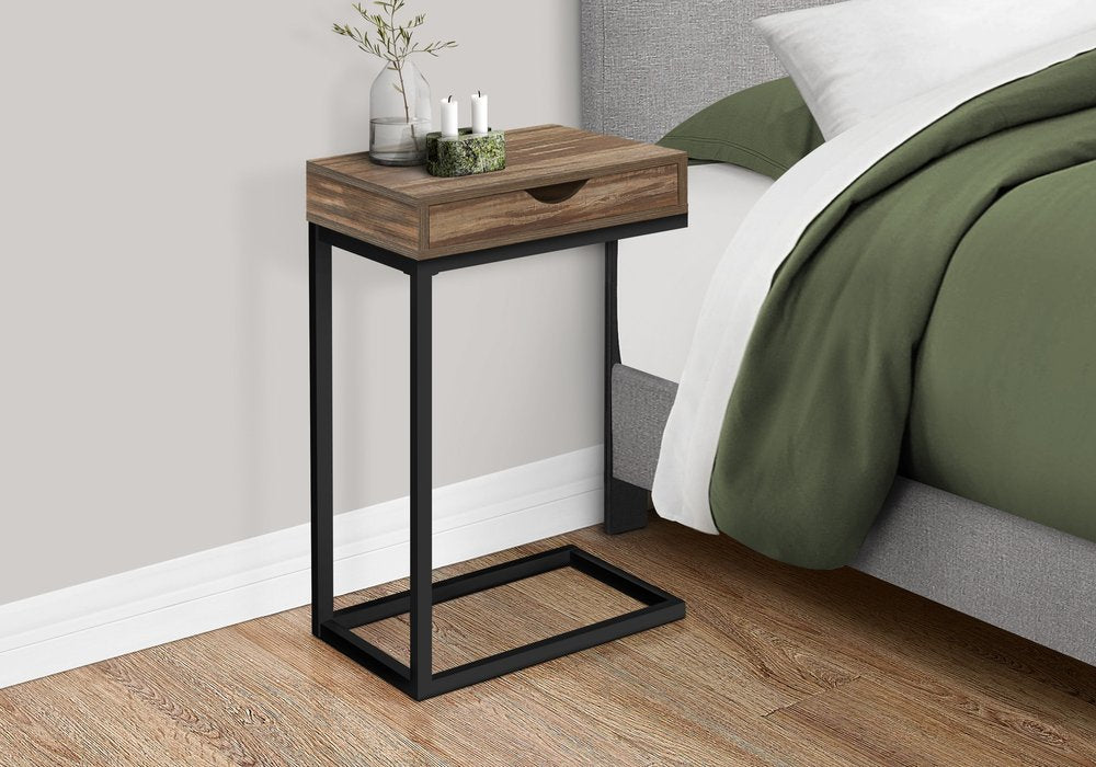 25" Brown and Black Faux Wood and Iron End Table With Drawer HomeRoots