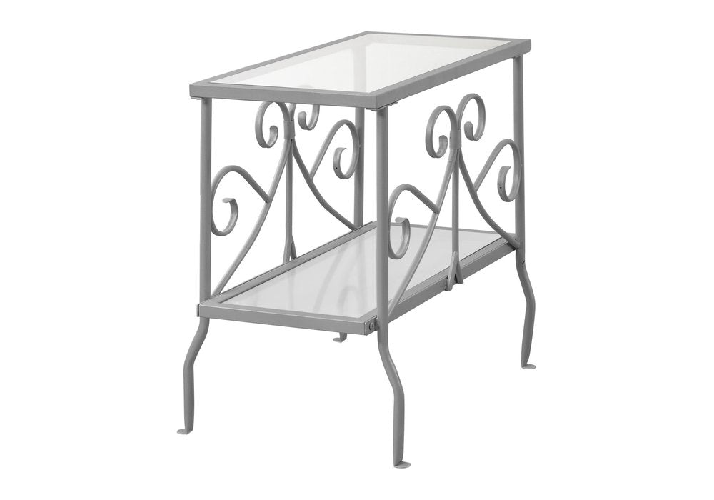 22" Clear And Silver Glass And Iron End Table With Shelf
