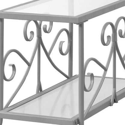 22" Clear And Silver Glass And Iron End Table With Shelf