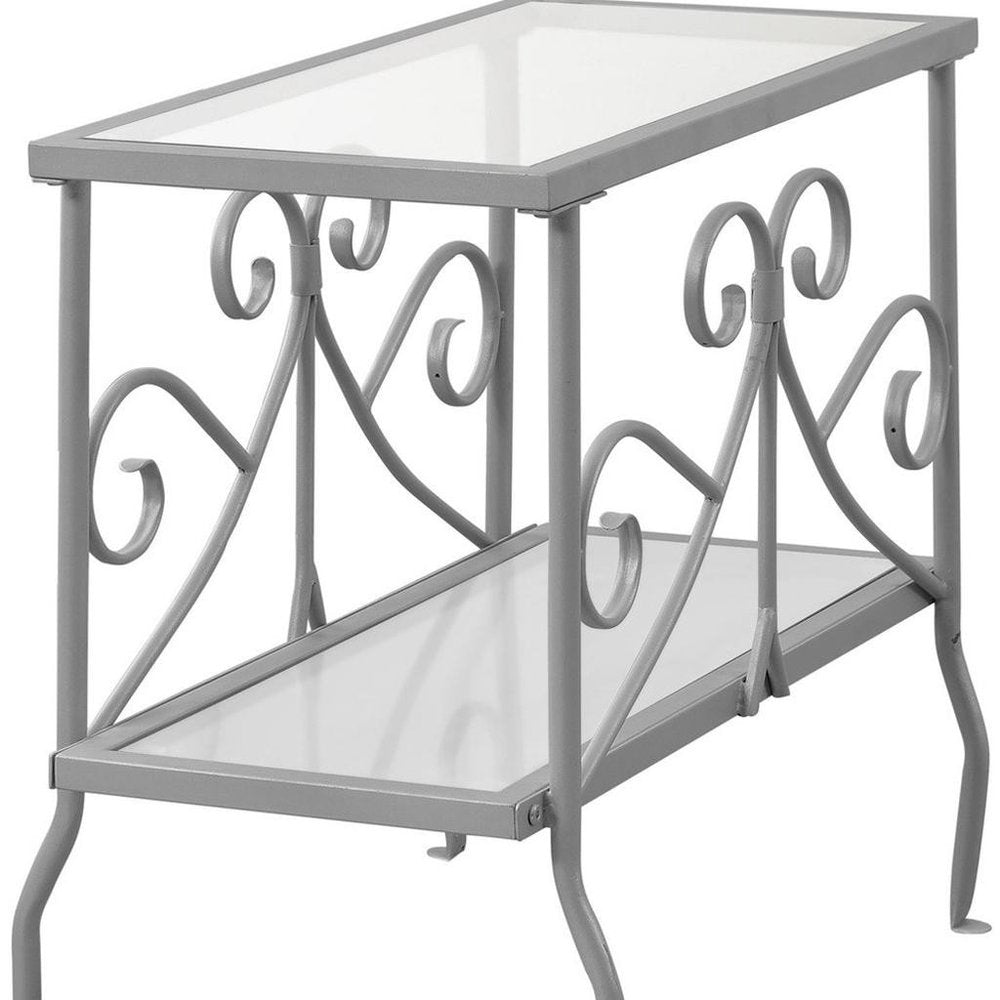 22" Clear And Silver Glass And Iron End Table With Shelf