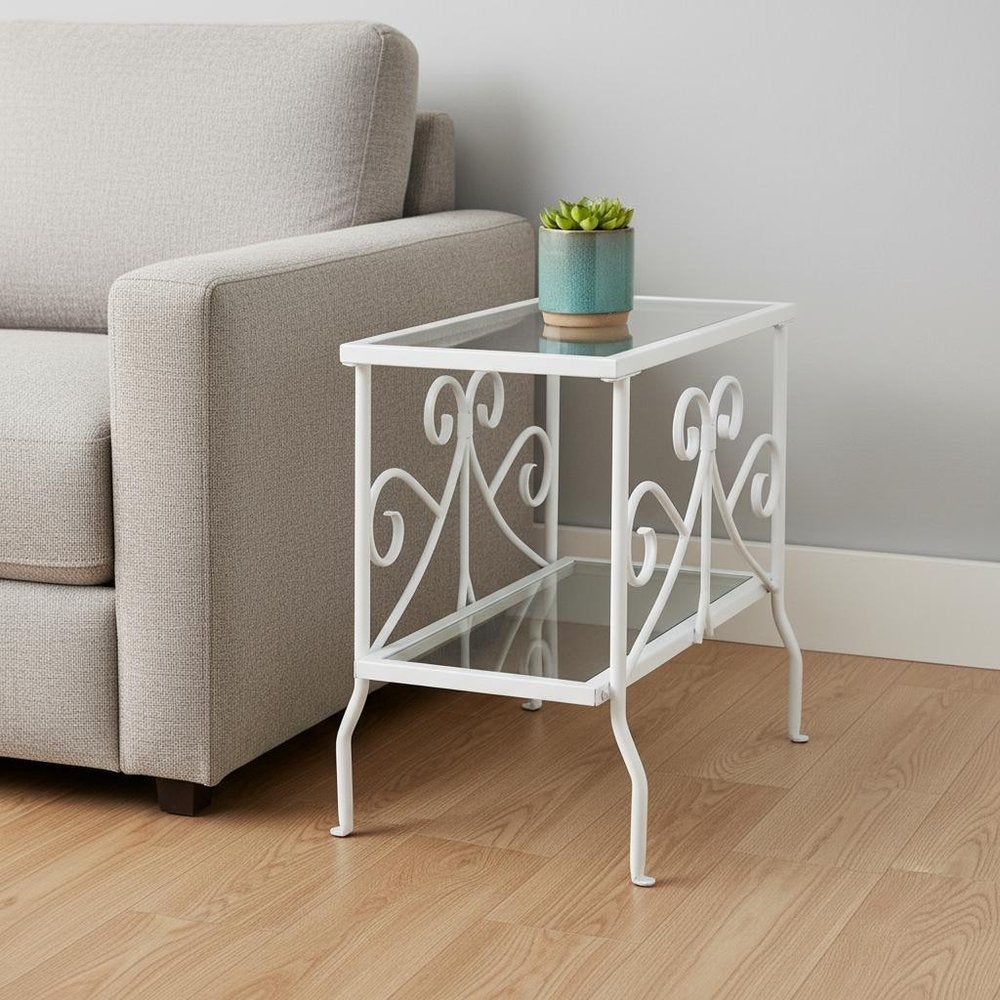 22" White And Clear Metal And Tempered Glass End Table With Shelf HomeRoots