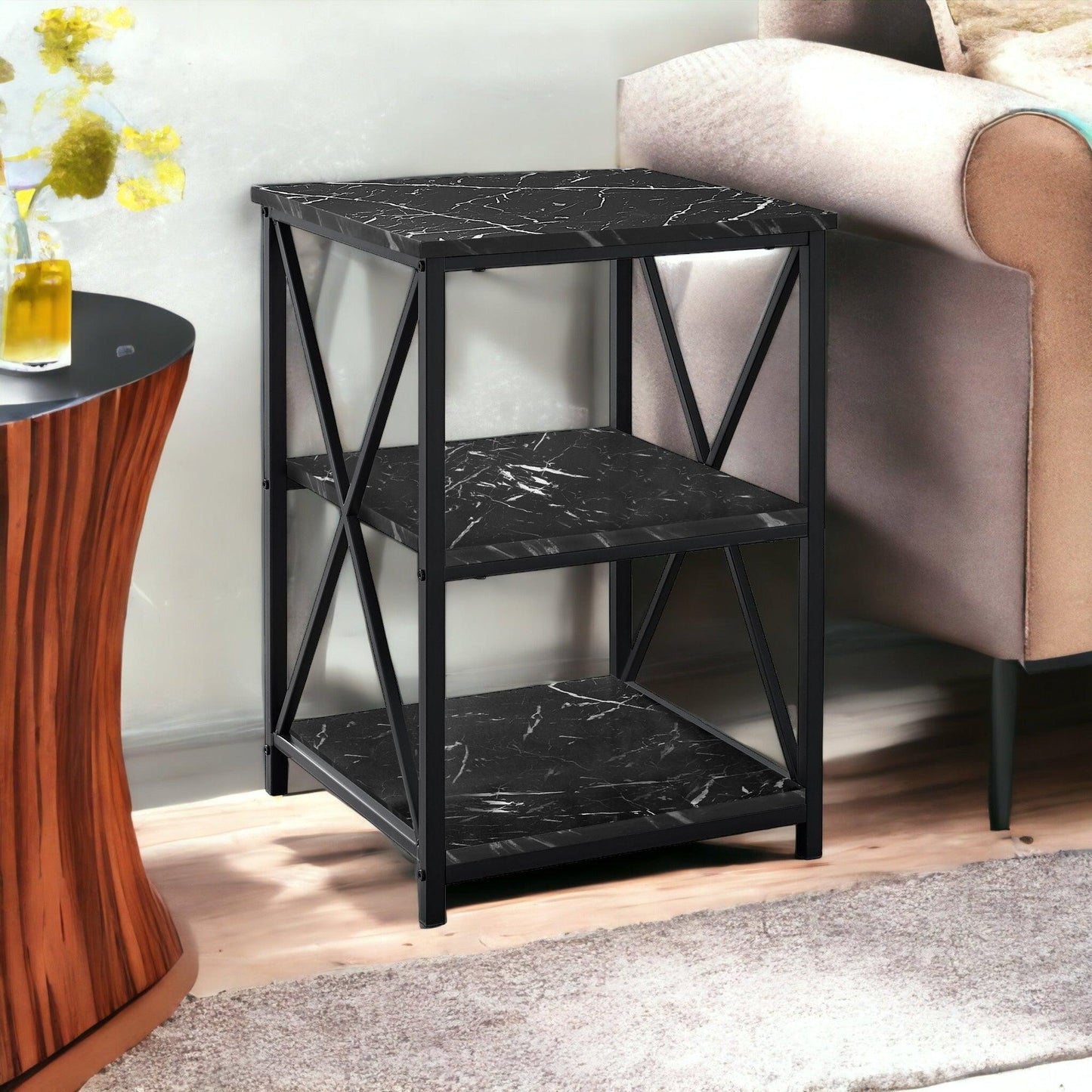 26" Black Square End Table With Two Shelves - FurniFindUSA