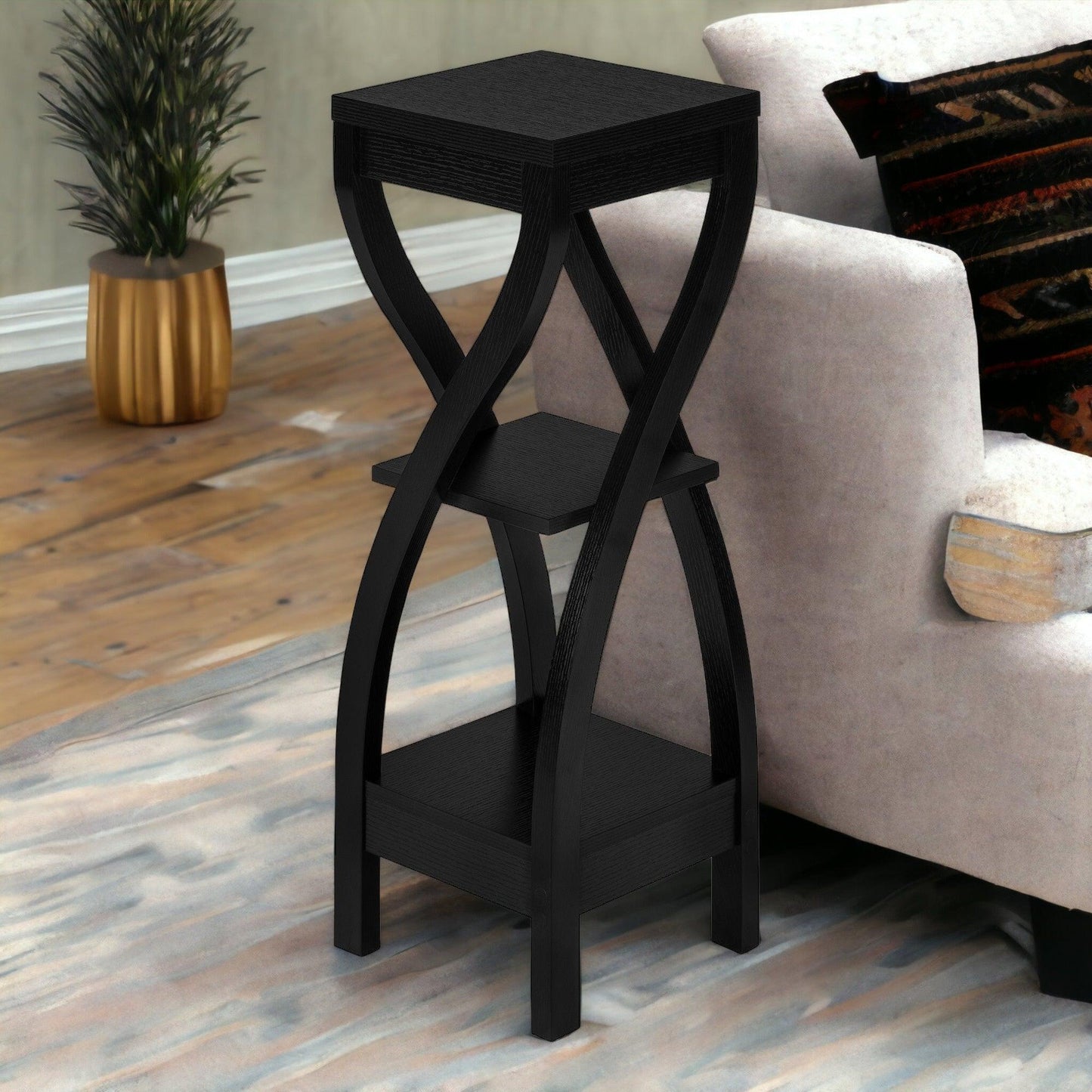 32" Black Square End Table With Two Shelves - FurniFindUSA