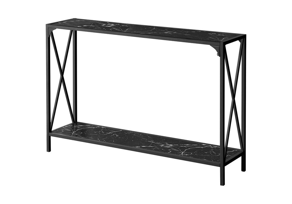 48" Black Wood and Metal Faux Marble Console Table With Shelf HomeRoots