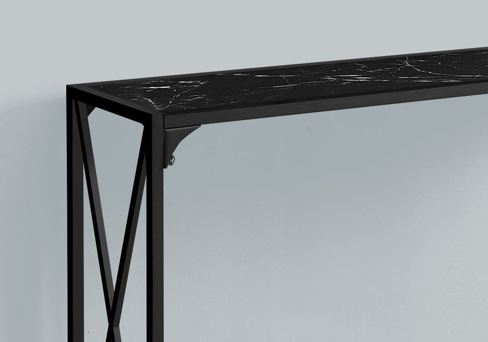 48" Black Wood and Metal Faux Marble Console Table With Shelf — view 6