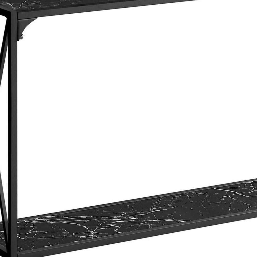 48" Black Wood and Metal Faux Marble Console Table With Shelf HomeRoots