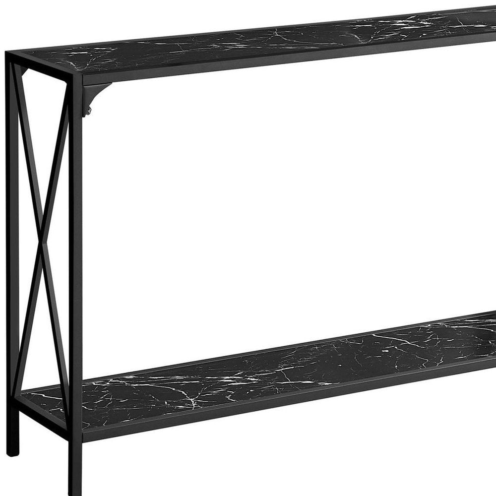 48" Black Wood and Metal Faux Marble Console Table With Shelf — view 5