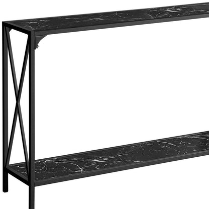48" Black Wood and Metal Faux Marble Console Table With Shelf HomeRoots
