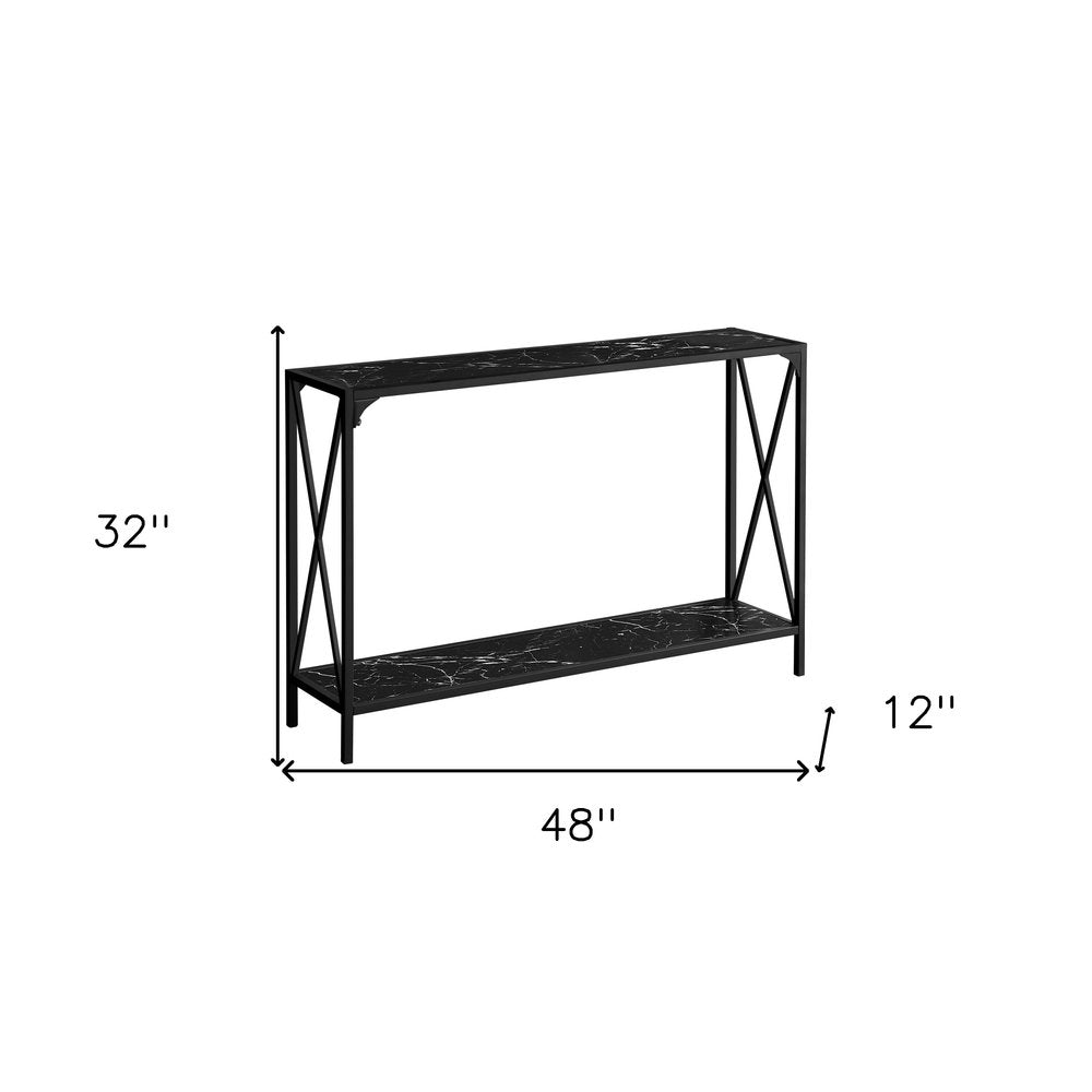 48" Black Wood and Metal Faux Marble Console Table With Shelf HomeRoots