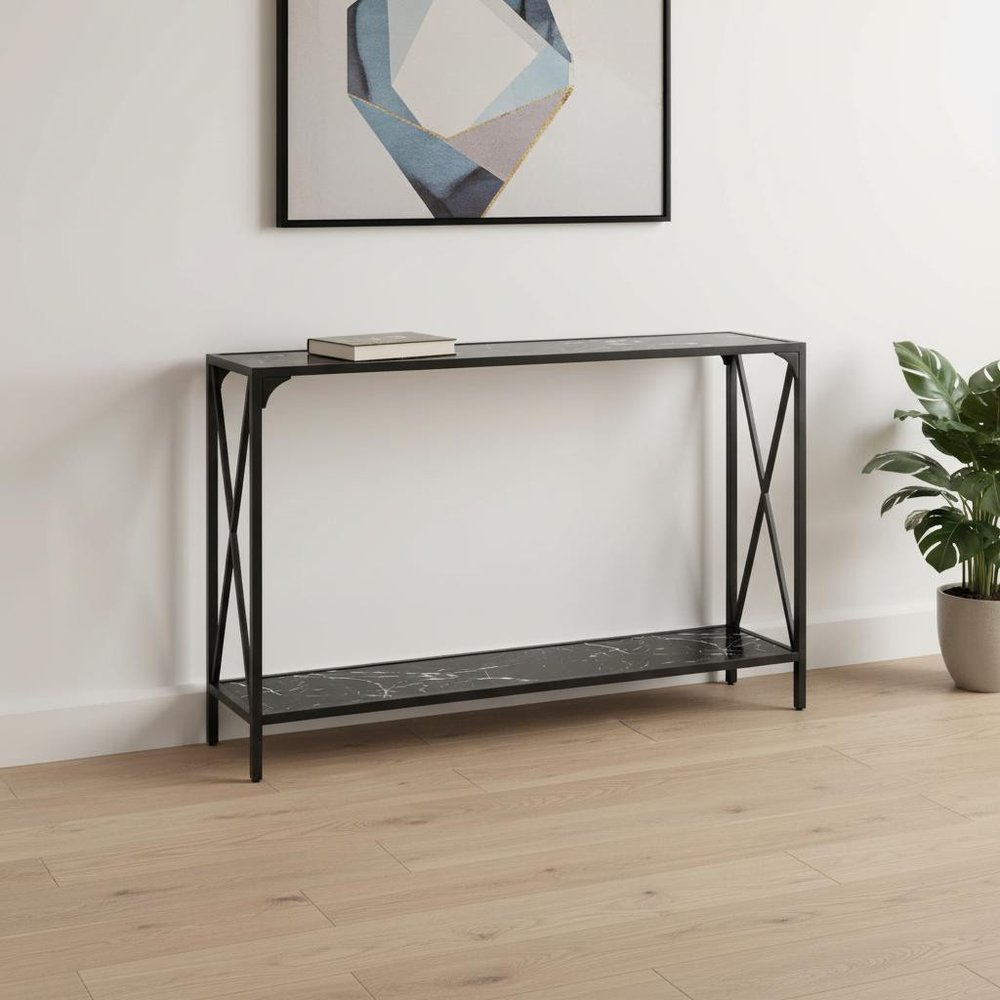 48" Black Wood and Metal Faux Marble Console Table With Shelf — view 1