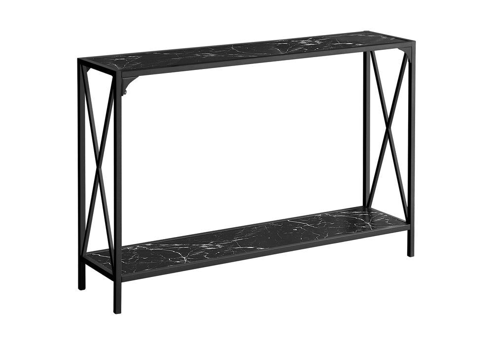 48" Black Wood and Metal Faux Marble Console Table With Shelf HomeRoots