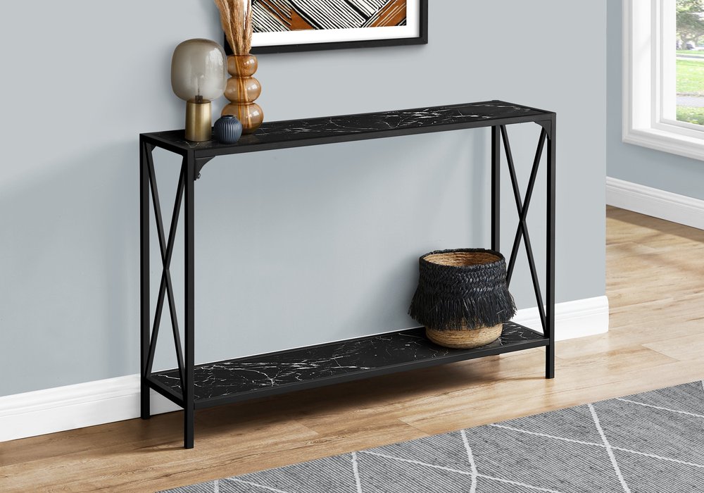 48" Black Wood and Metal Faux Marble Console Table With Shelf — view 7