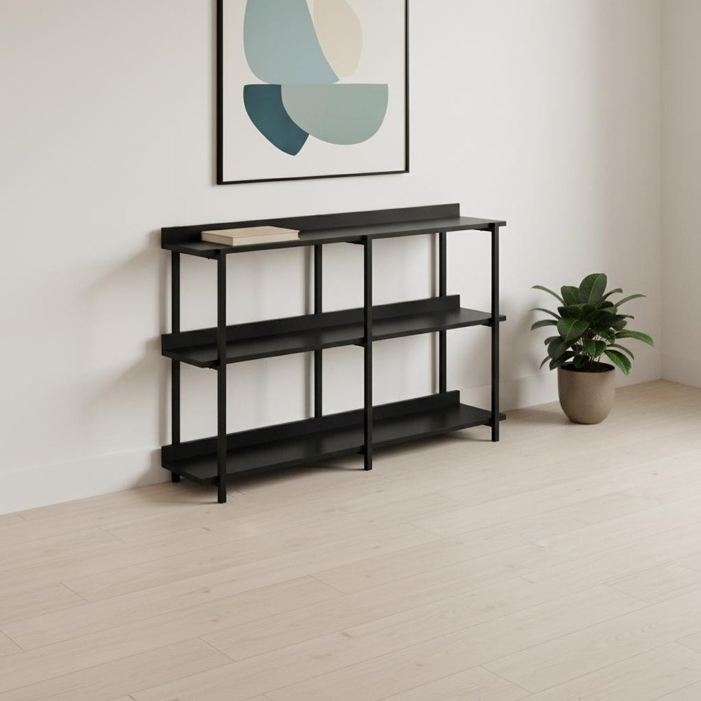 47" Black Wood and Metal Frame Console Table With Three Shelves HomeRoots