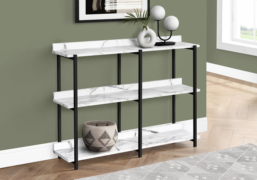47" White and Black Wood and Metal Faux Marble Console Table With Three Shelves — view 4