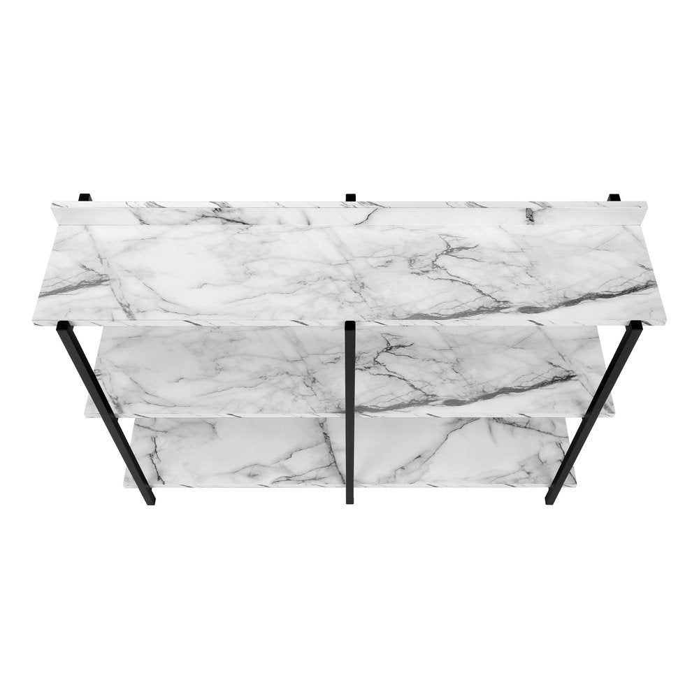 47" White and Black Wood and Metal Faux Marble Console Table With Three Shelves HomeRoots