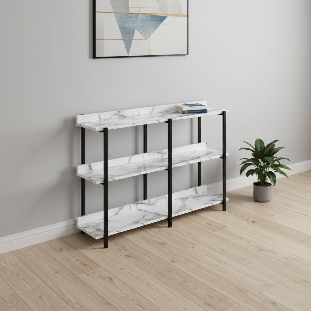 47" White and Black Wood and Metal Faux Marble Console Table With Three Shelves — view 11