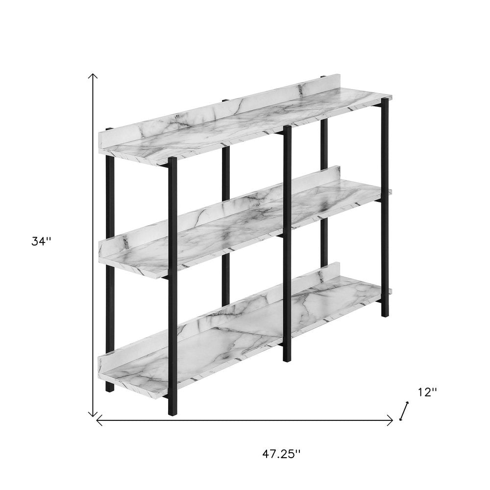 47" White and Black Wood and Metal Faux Marble Console Table With Three Shelves HomeRoots
