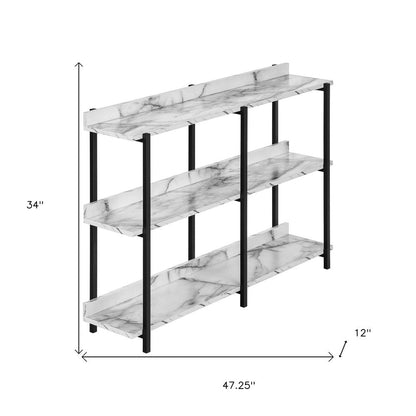 47" White and Black Wood and Metal Faux Marble Console Table With Three Shelves HomeRoots