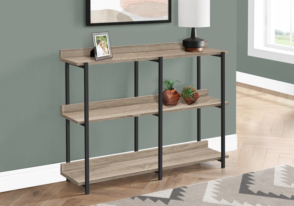 47" Taupe and Black Wood and Metal Frame Console Table With Three Shelves HomeRoots