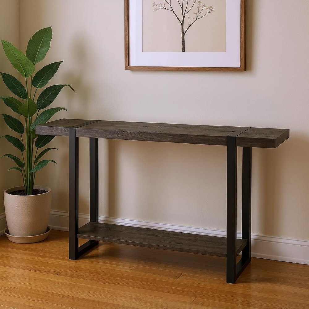 47" Black Wood and Metal Distressed Sled Console Table With Shelf HomeRoots