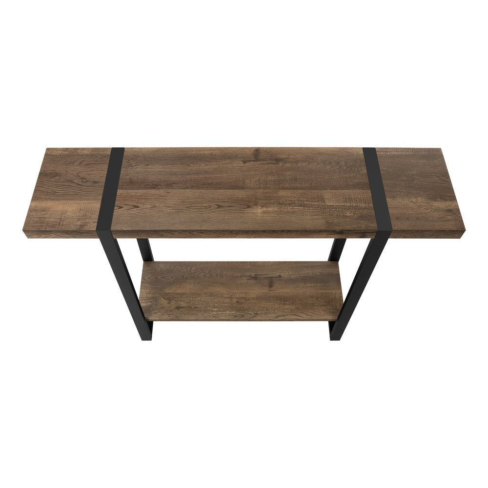 47" Brown and Black Wood and Metal Distressed Sled Console Table With Shelf HomeRoots