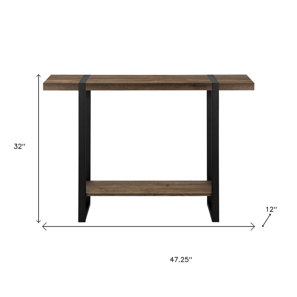 47" Brown and Black Wood and Metal Distressed Sled Console Table With Shelf HomeRoots