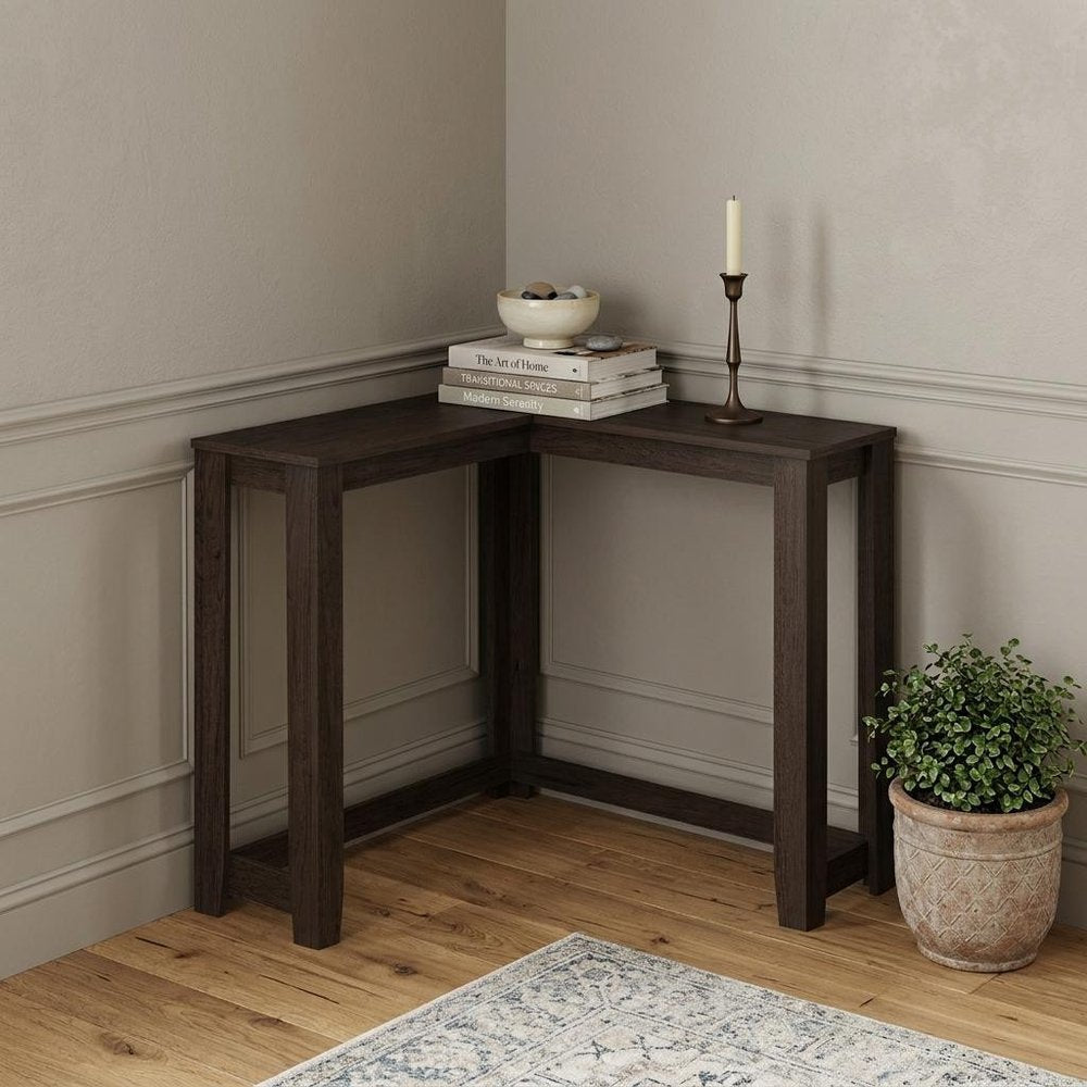 36" Espresso Wood Distressed Corner Frame Console Table HomeRoots