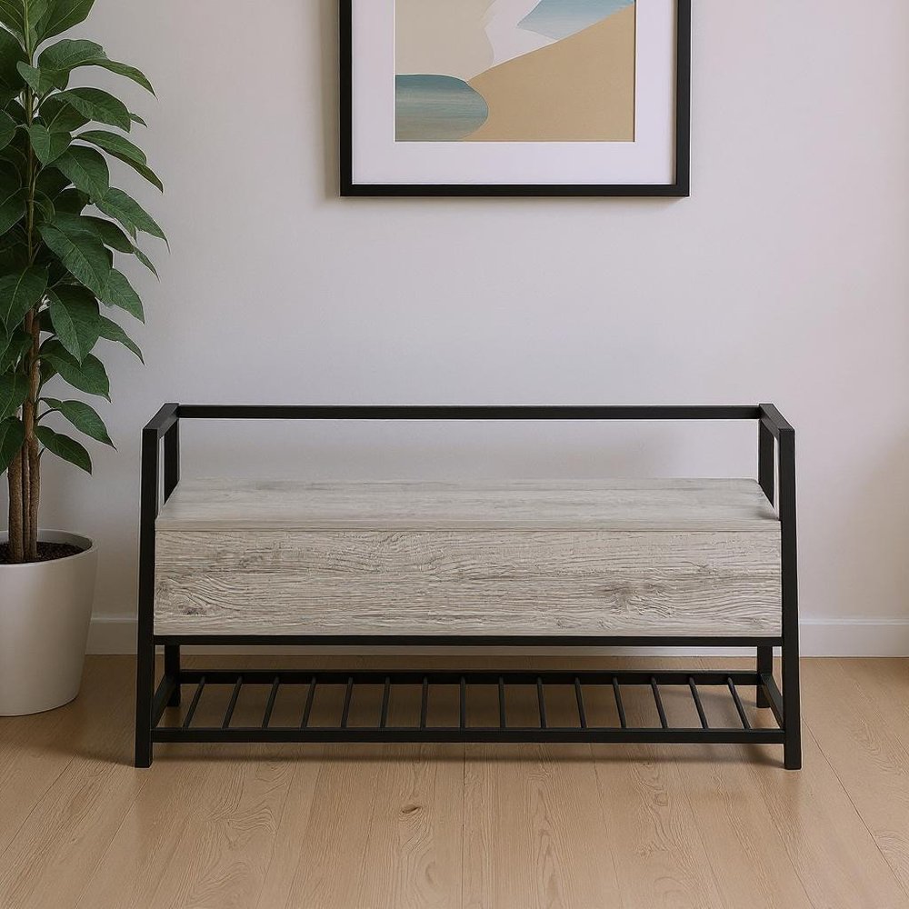 42" Gray And Black Bench With Flip top HomeRoots