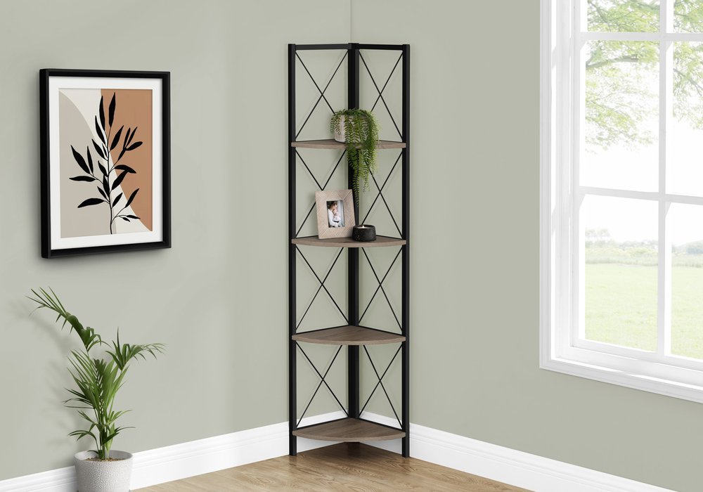 59" Taupe Metal Corner Bookcase HomeRoots