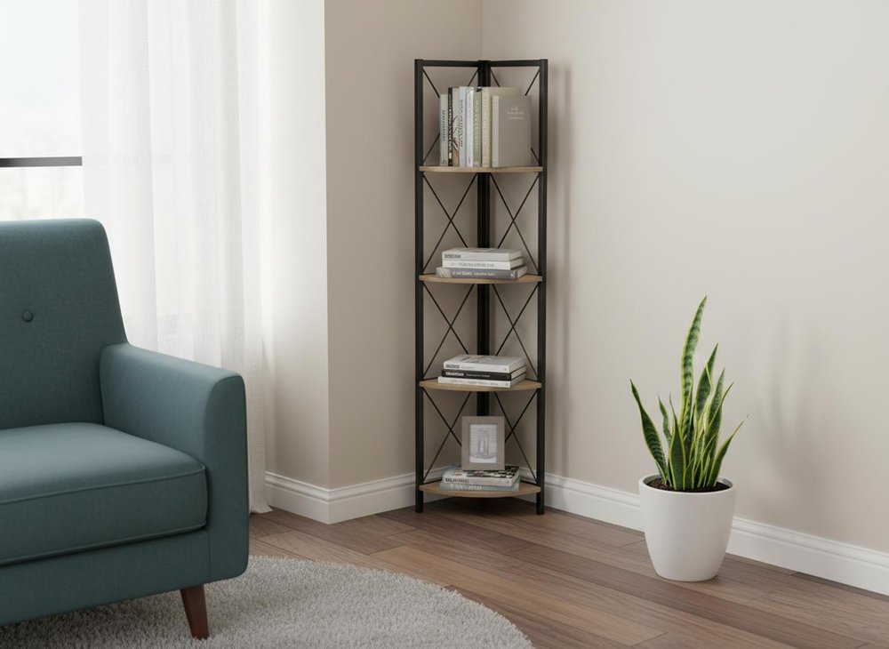 59" Taupe Metal Corner Bookcase HomeRoots