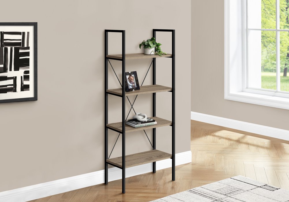 48" Taupe Metal and Wood Four Tier Etagere Bookcase — view 3
