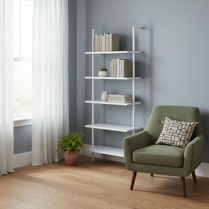 72" White Metal and Wood Five Tier Bookcase HomeRoots