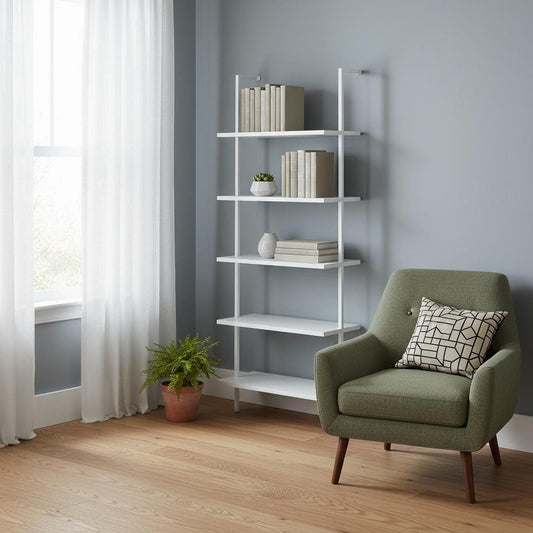 72" White Metal and Wood Five Tier Bookcase
