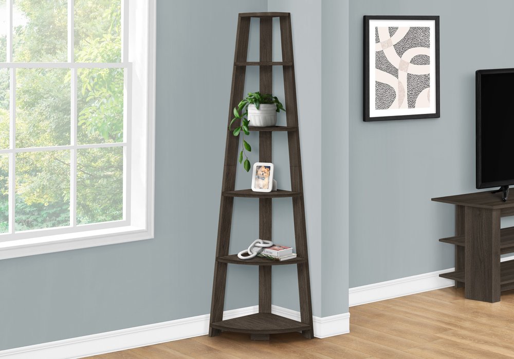 71" Oak Particle Board and Wood Five Tier Corner Bookcase HomeRoots